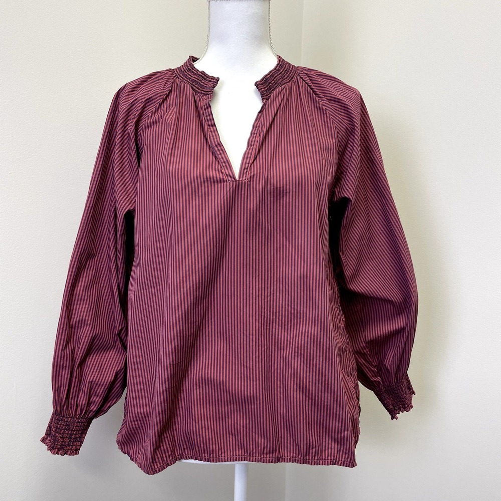 Nation LTD Los Angeles Striped Pima Cotton Smocked Blouse S Burgundy Navy Fall